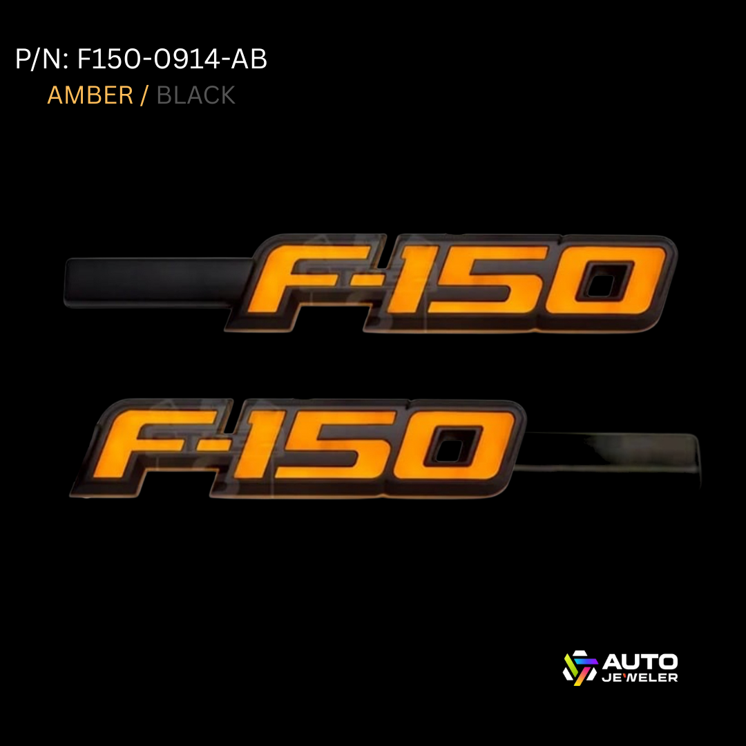 2009-2014 Ford F-150 LED Fender Emblem with amber LED illumination – 2 piece set by AutoJeweler, (MPN: F150-0914-AB).
