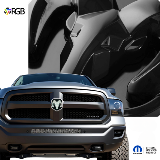 RAM 1500 with black LED grille emblem, Mopar Official Licensed Product branding, and RGB AutoJeweler logo