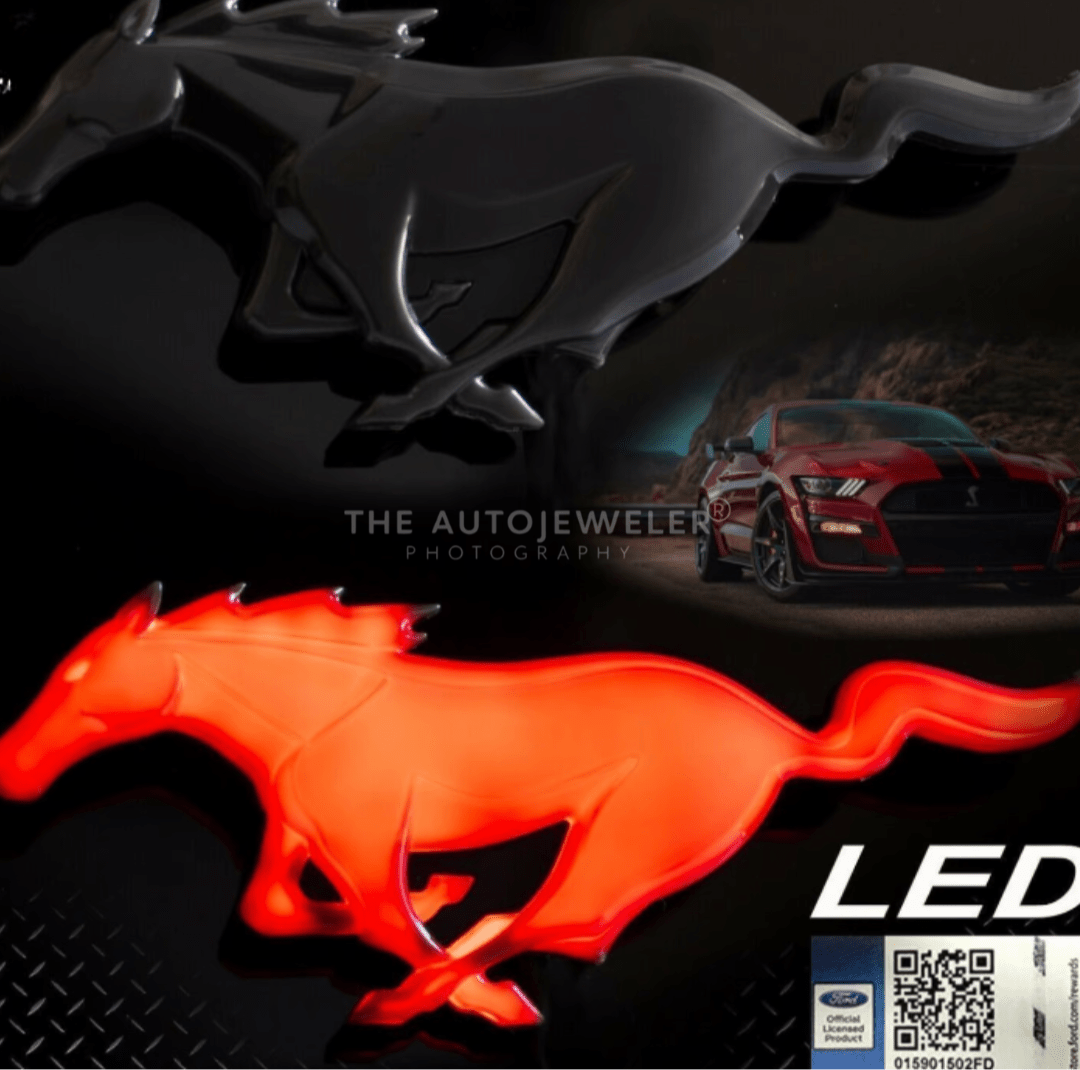 2015 - 2022 Ford Mustang Black LED Tailgate Emblem – Red LED Lighted Pony LogoLED Illuminated Emblems