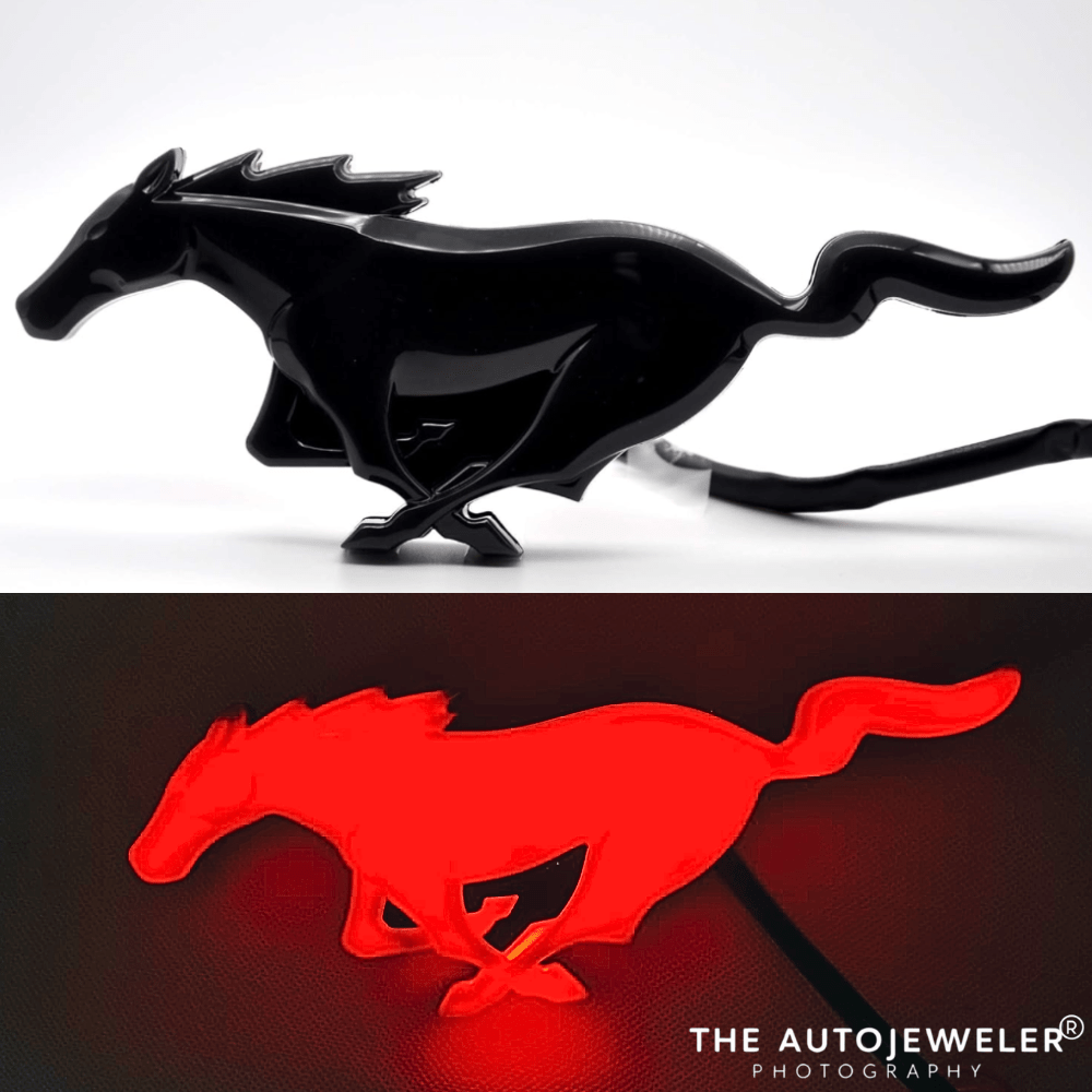 2015 - 2022 Ford Mustang Black LED Tailgate Emblem – Red LED Lighted Pony LogoLED Illuminated Emblems