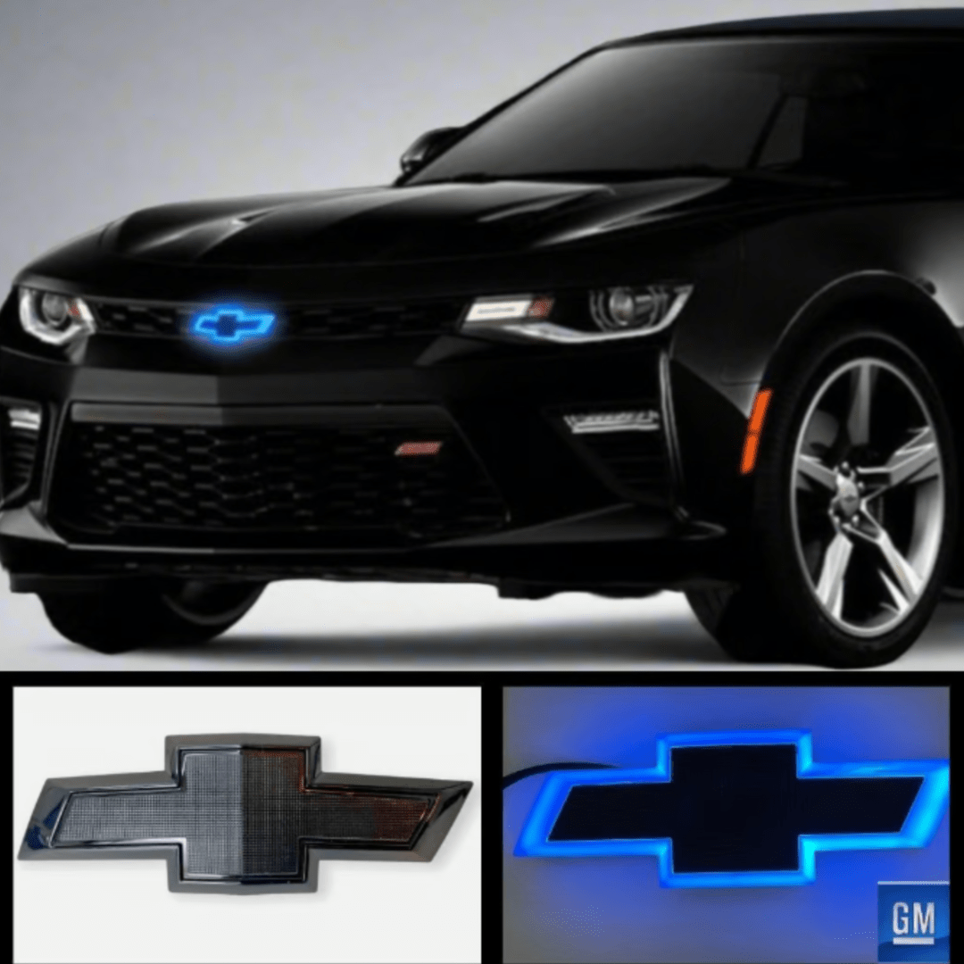 2016 - 2024 Chevrolet Camaro Front Grille Illuminated Bowtie Emblem | Black - Blue LEDsLED Illuminated Emblems
