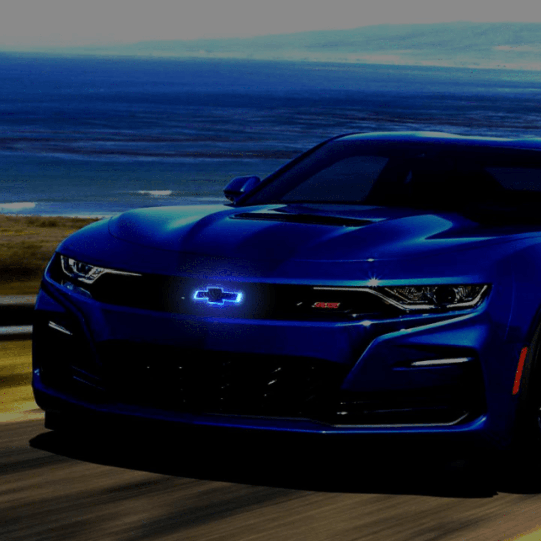 2016 - 2024 Chevrolet Camaro Front Grille Illuminated Bowtie Emblem | Black - Blue LEDsLED Illuminated Emblems
