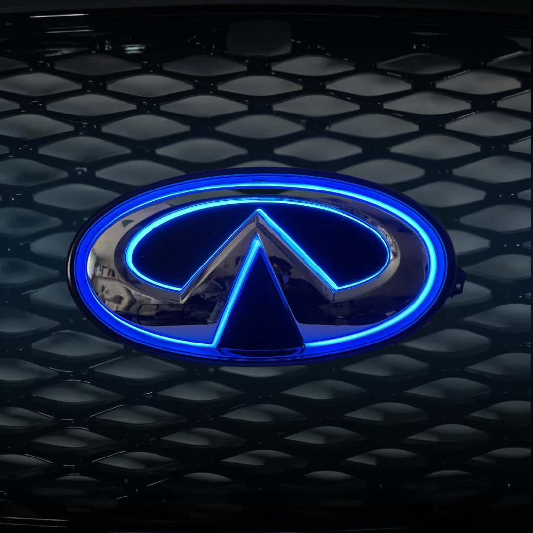 Infiniti Q50 color-changing RGB emblem illuminated in blue