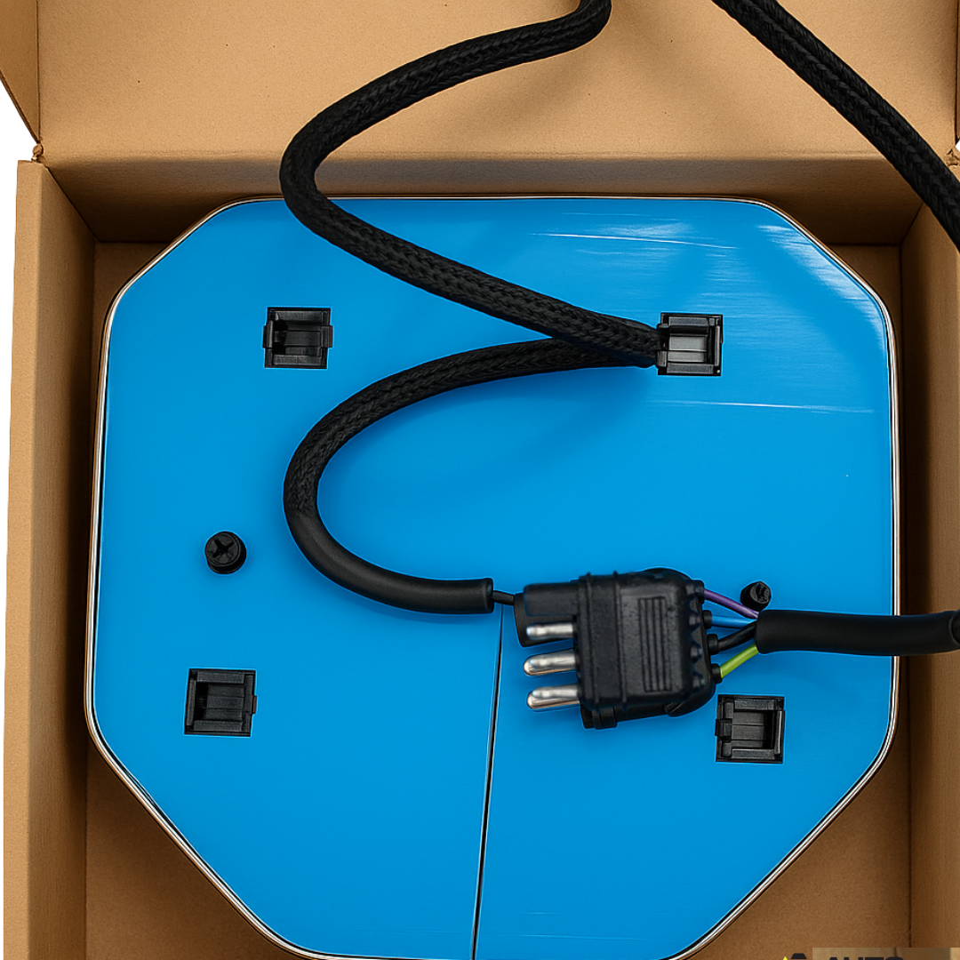 Backside of RAM LED tailgate emblem in box showing 4-flat trailer plug and protective blue film