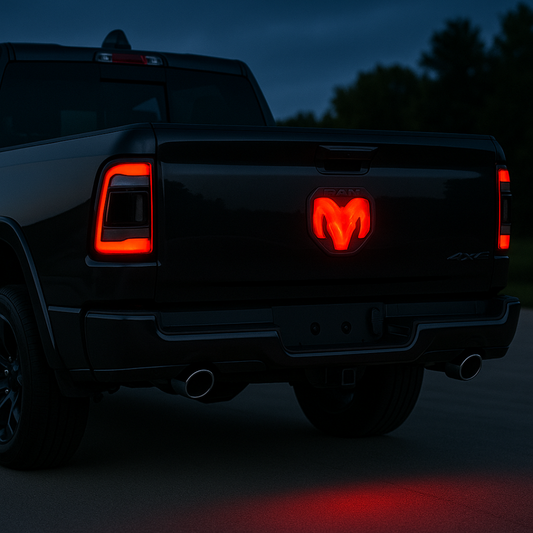 Red illuminated RAM LED tailgate emblem installed on dark gray RAM truck at dusk, rear three-quarter view