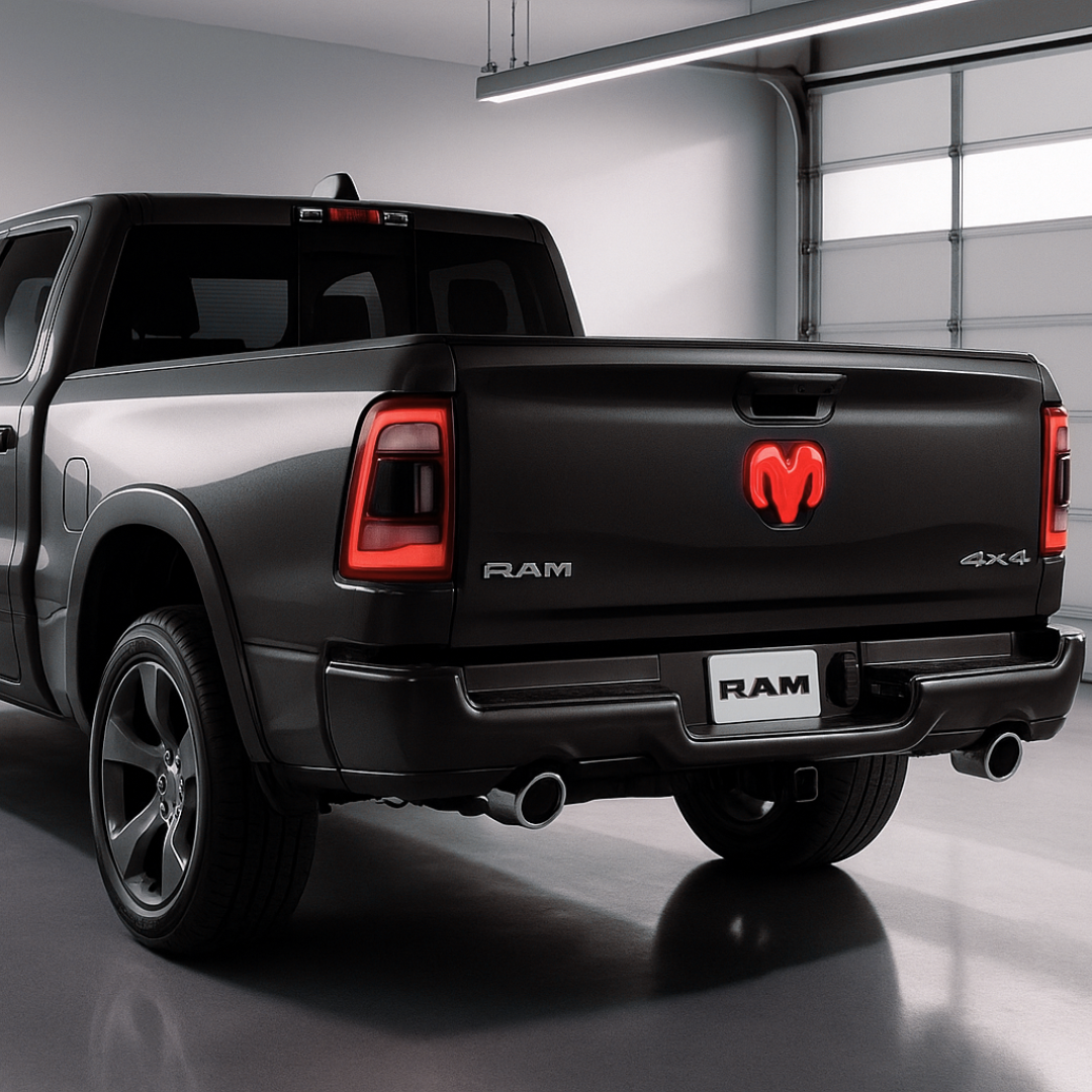RAM LED tailgate emblem glowing red on truck inside modern garage, clean studio lighting