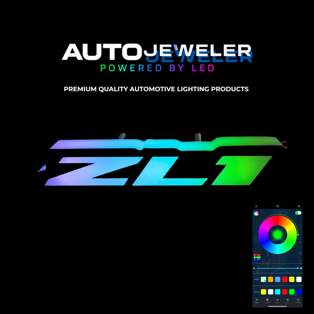 AutoJeweler branded promotional graphic featuring ZL1 RGBW Flow Series LED grille emblem with multicolor app control