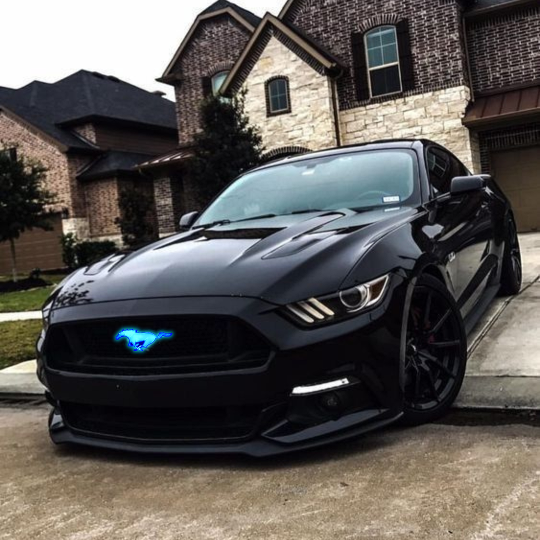 Black Mustang car parked in front of a house showing off an OEM-style mustang pony grille emblem glowing vivid blue.