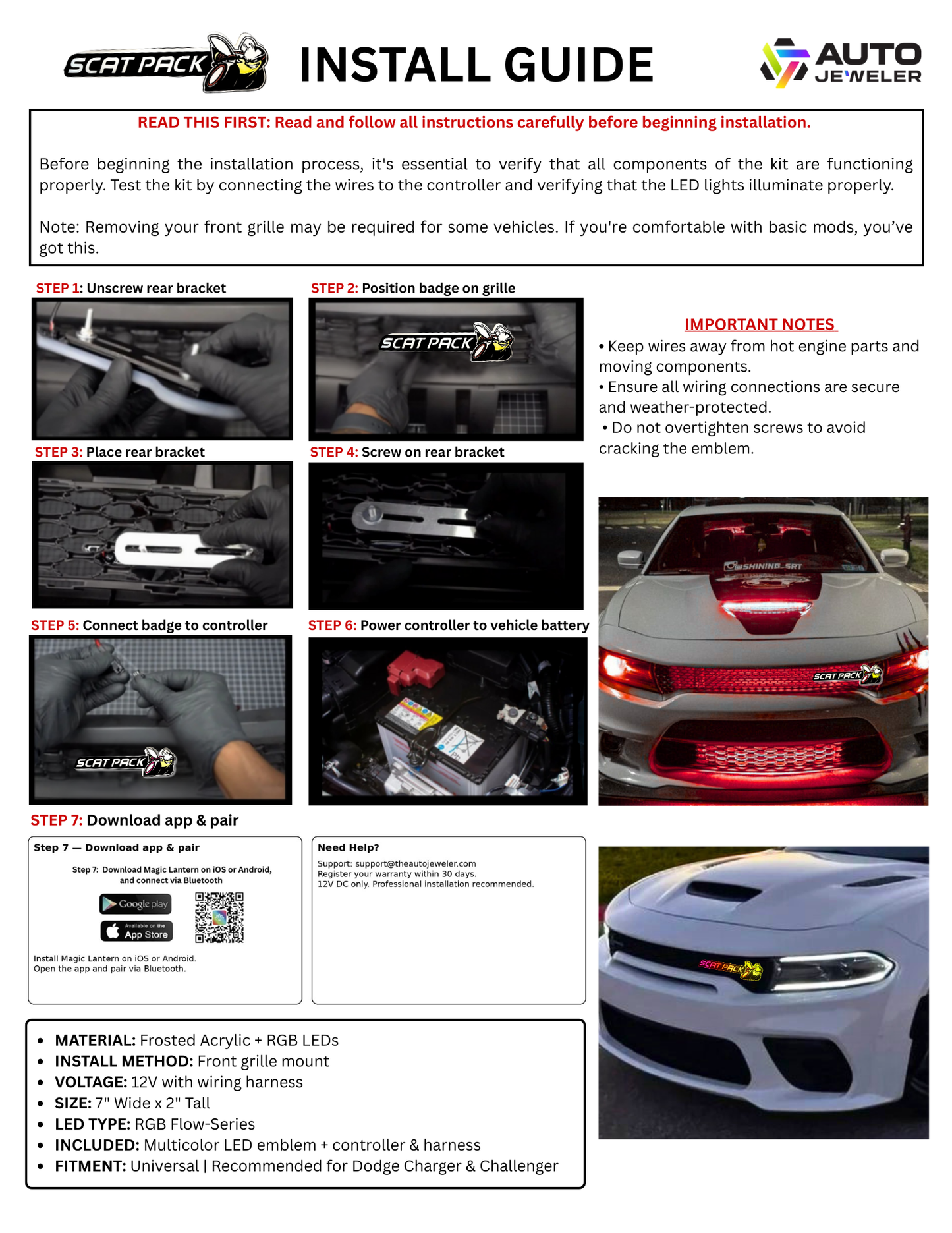 Scat Pack install guide for a car badge with step-by-step instructions and images.