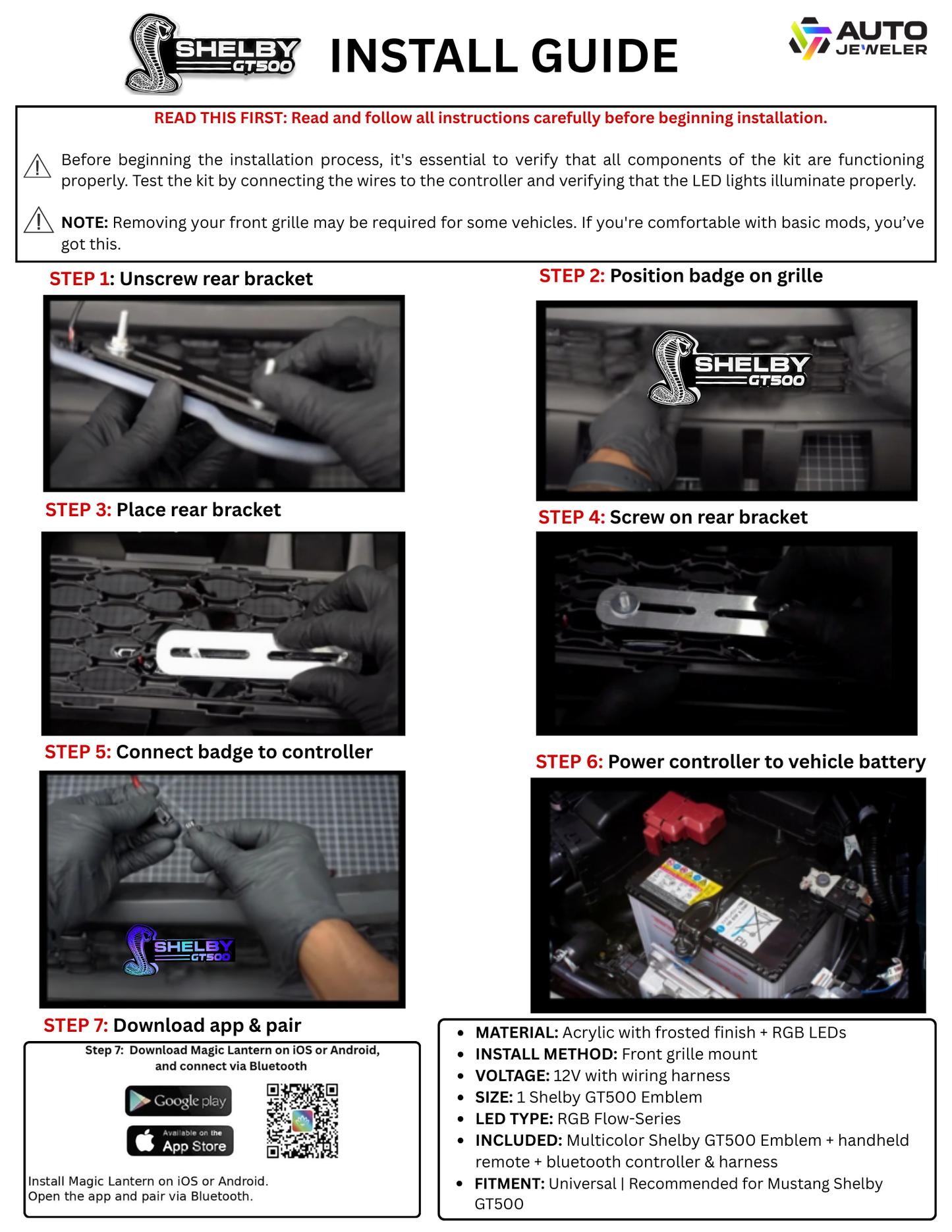 Installation guide for Shelby GT500 badge on a car grille with step-by-step instructions.