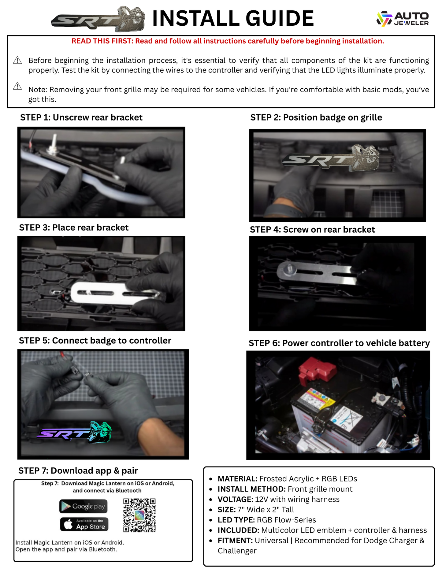 Installation guide for a vehicle grille badge with step-by-step instructions and images.