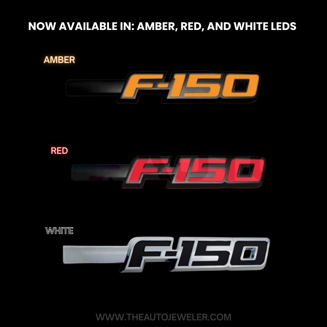 Ford F-150 LED Fender Emblem color options in amber, red, and white LEDs – 2 piece illuminated emblem set by AutoJeweler.