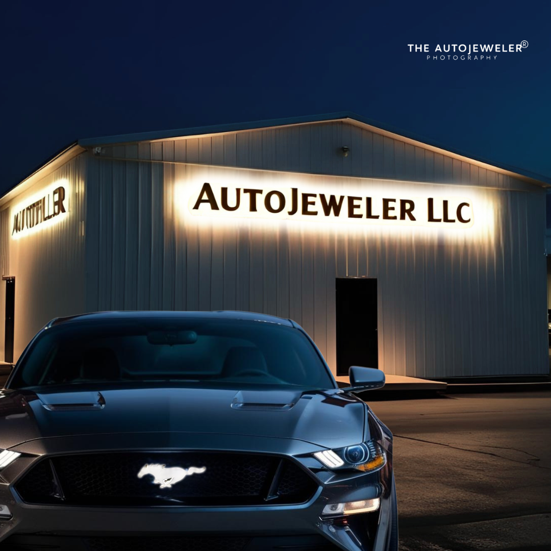 Black Ford Mustang with white LED Pony grille emblem parked in front of AutoJeweler LLC building at night