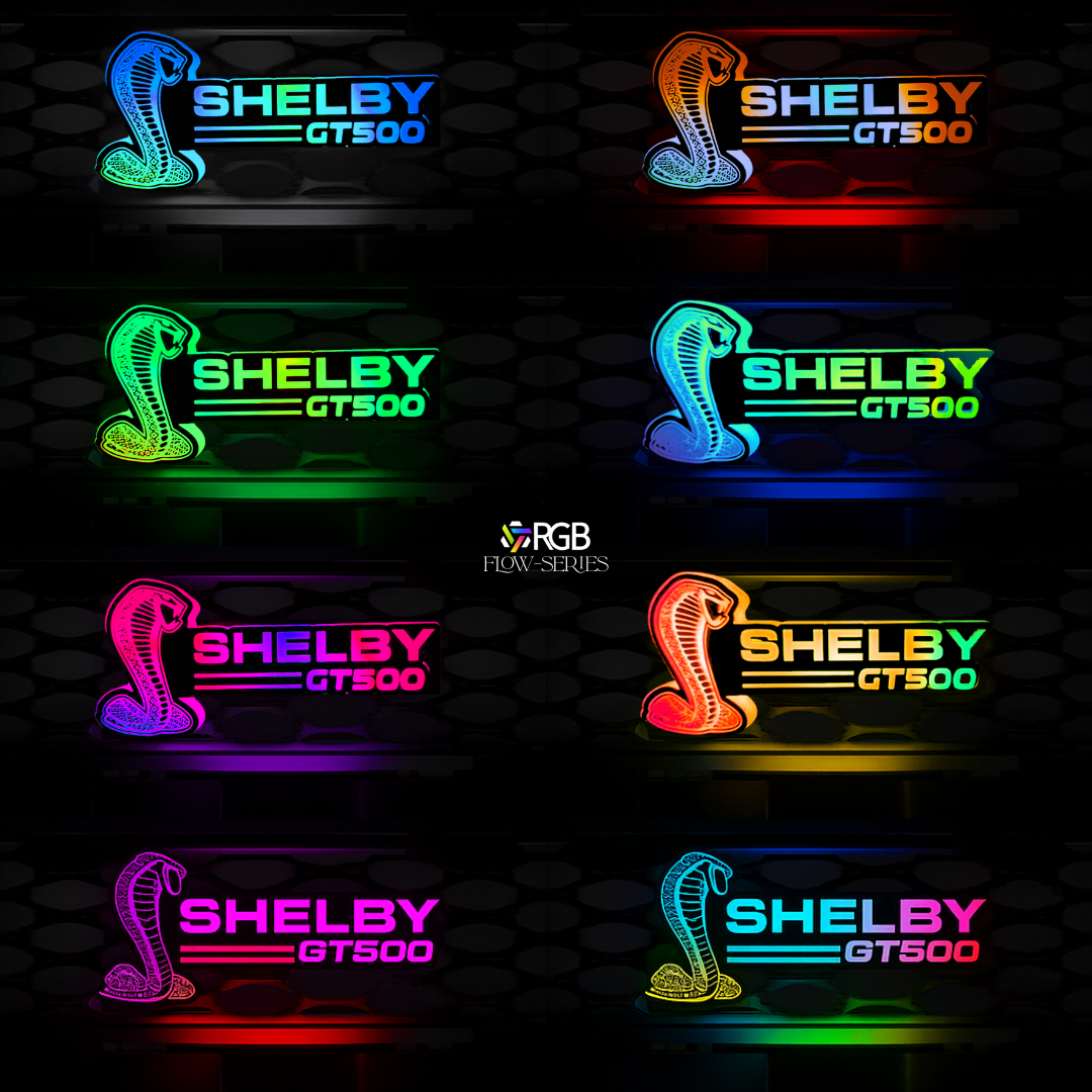 Mustang Shelby GT500 RGB Flow Series Emblem showing flowing color transition effect