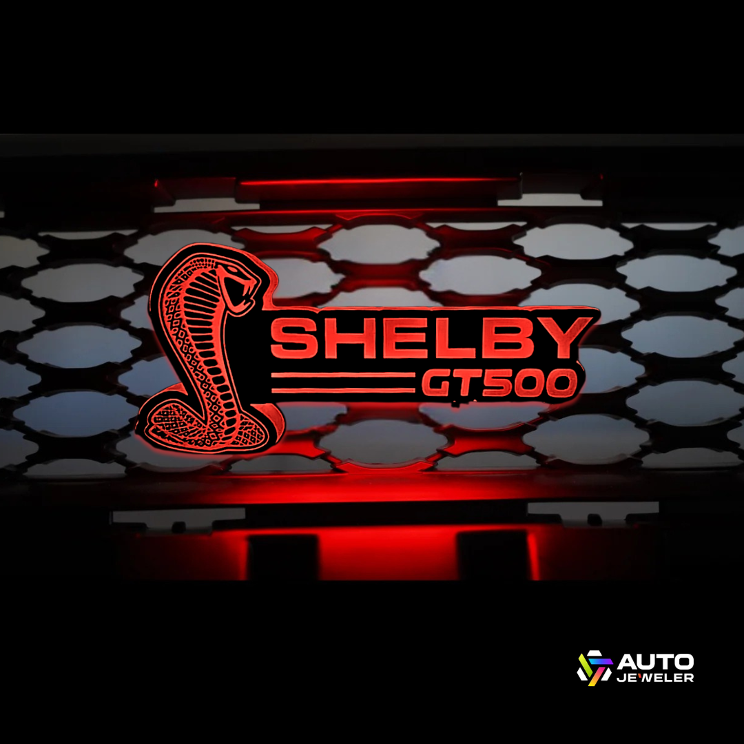 Mustang Shelby GT500 RGB Flow Series Grille Emblem illuminated in red
