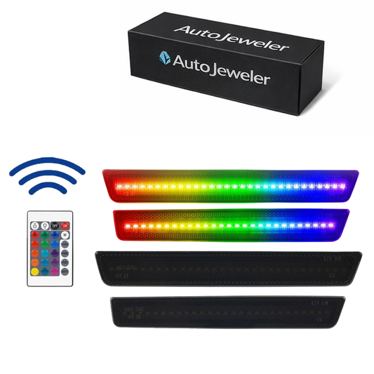 AutoJeweler RGB side marker light kit contents with remote control and smoked lenses for Challenger Widebody