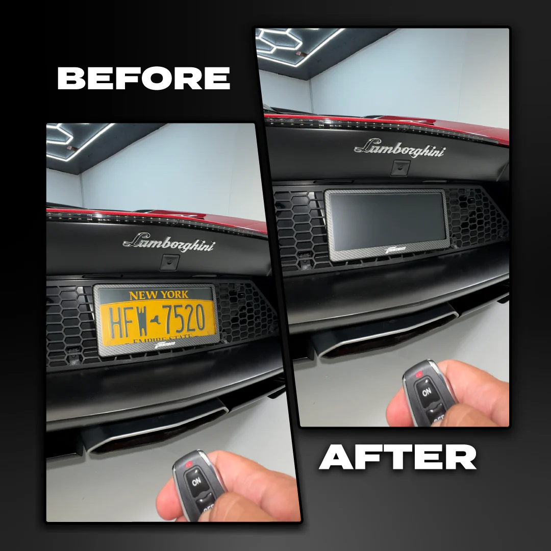 Before and after showing license plate visible versus blacked out using the FantomTec privacy plate on a Lamborghini.