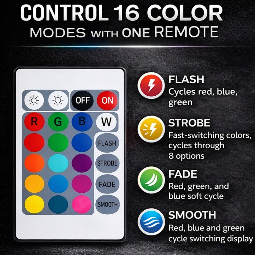 Remote control diagram for RGB side marker lights showing brightness, 16 colors, and Flash Strobe Fade Smooth modes