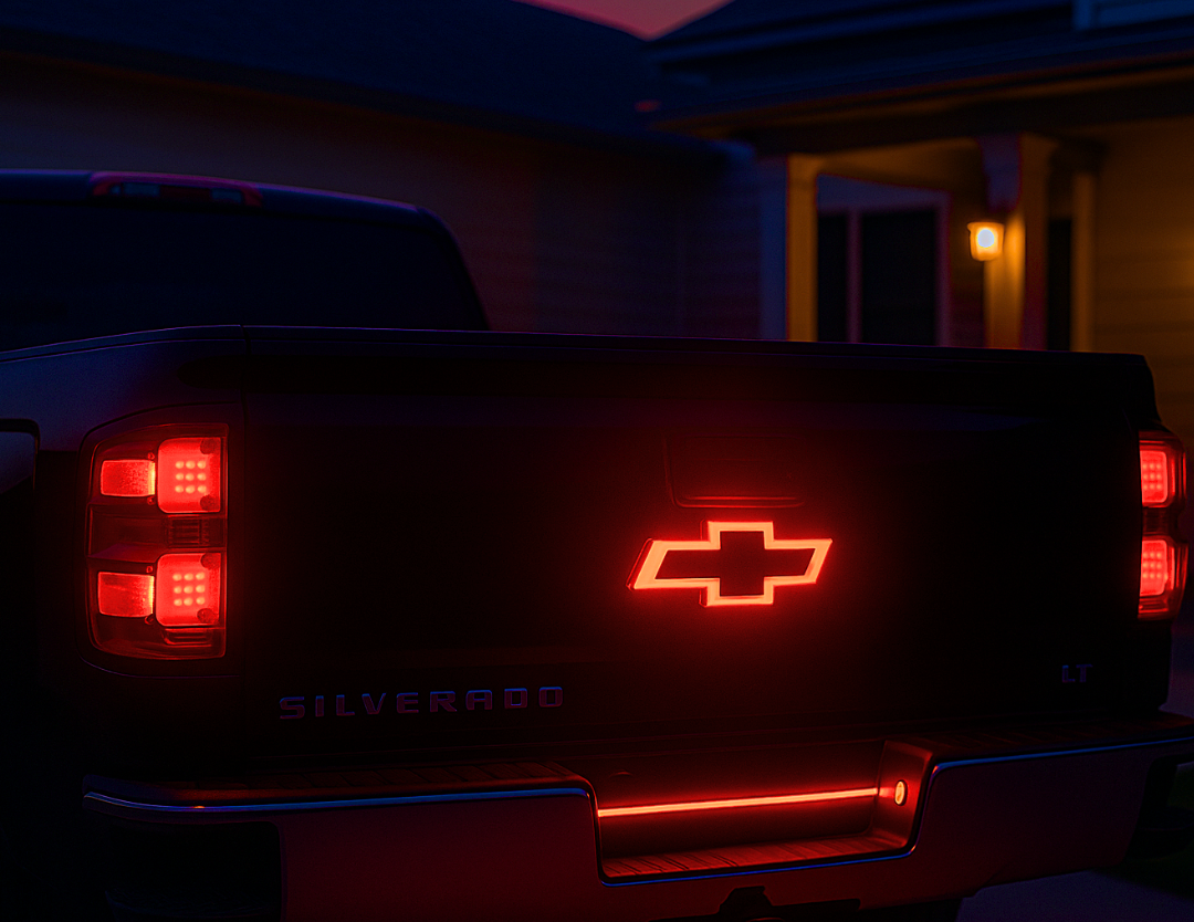 Red LED Chevrolet bowtie tailgate emblem glowing at dusk on a 2014–2018 Silverado LT, installed above handle with matching red tailgate light bar