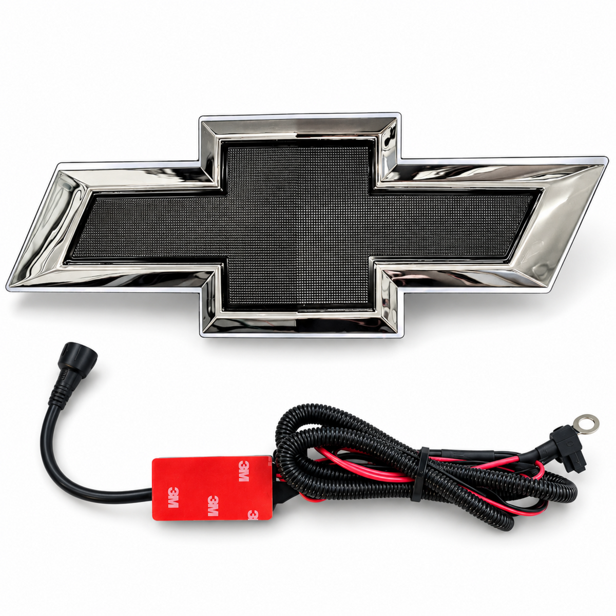 Chrome and black Chevrolet bowtie grille emblem with textured black insert and supplied power wiring harness