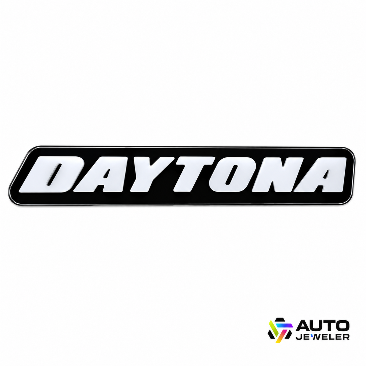 AutoJeweler Daytona LED grille emblem with gloss black face and white lettering shown unlit on white background