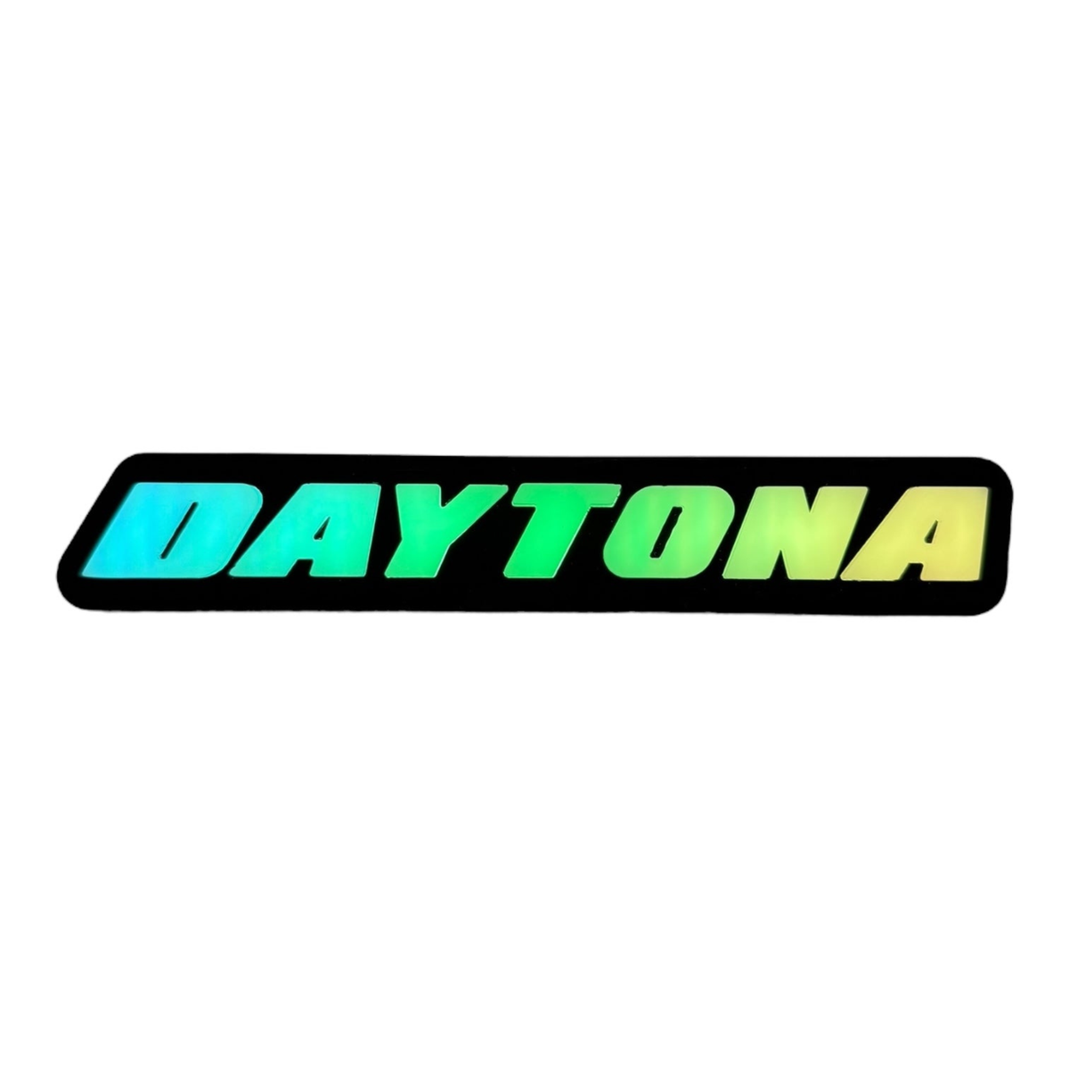 Daytona RGB LED grille emblem with teal green and yellow gradient lighting effects on white background