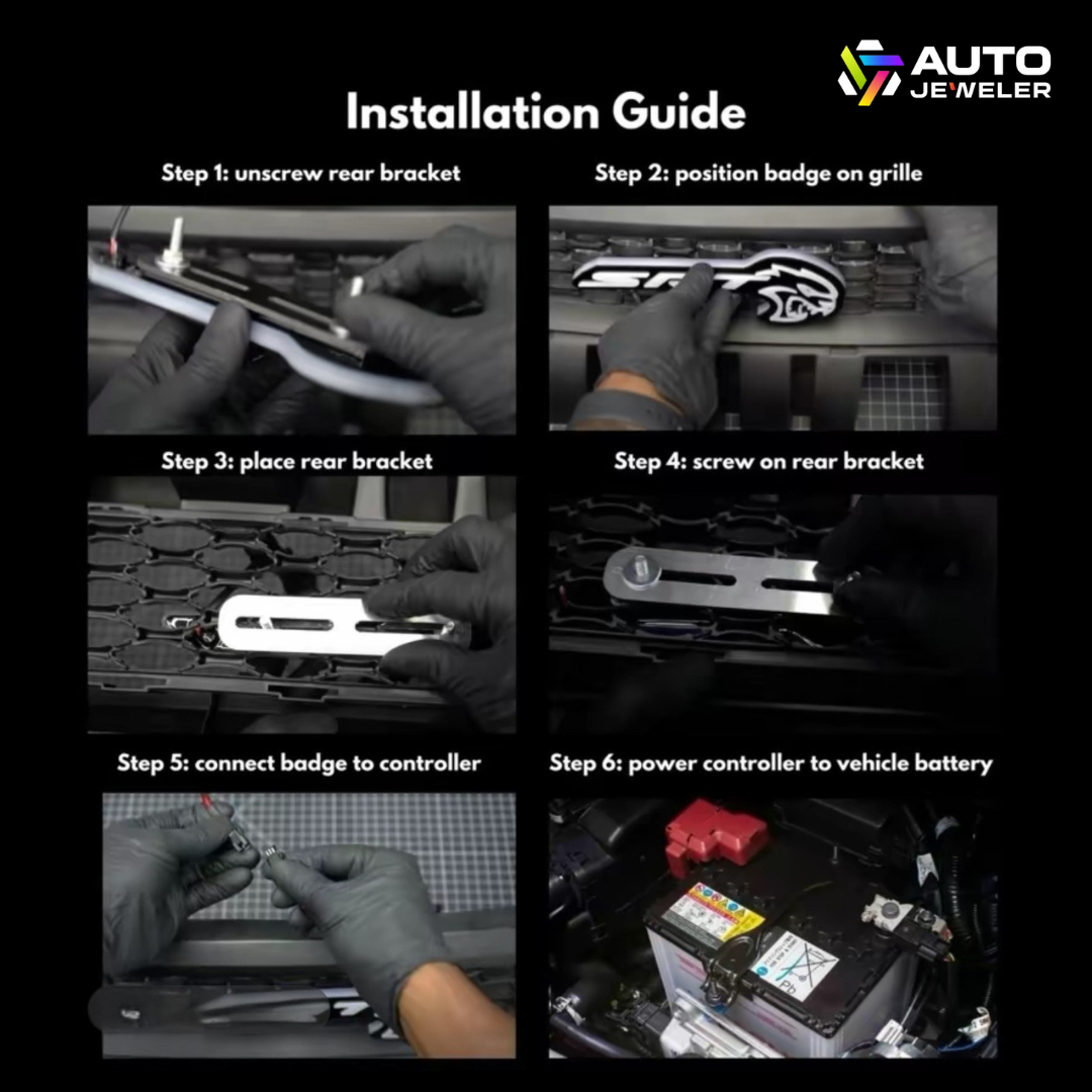 Step-by-step installation guide for AutoJeweler RGBW Mustang Cobra grille emblem showing mounting bracket, wiring, and power connection to battery