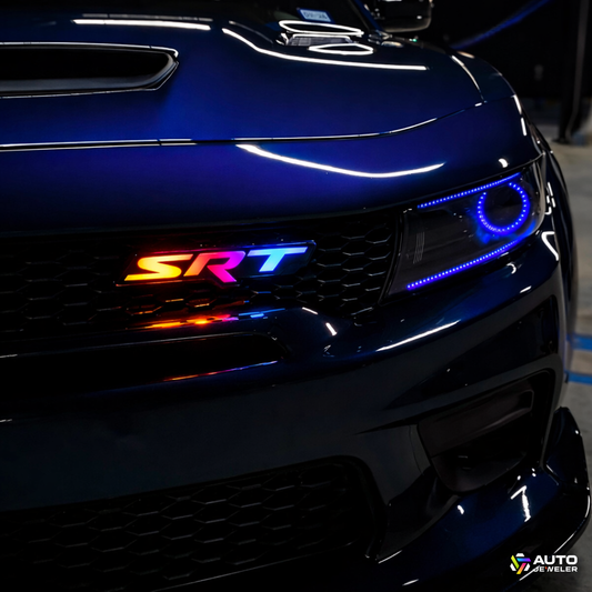 AutoJeweler RGB Flow Series SRT LED grille emblem installed on Dodge Charger with multicolor lighting