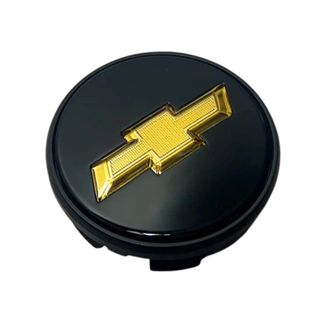 Single 83 mm Chevrolet wheel center cap with gold bowtie on gloss-black face.
