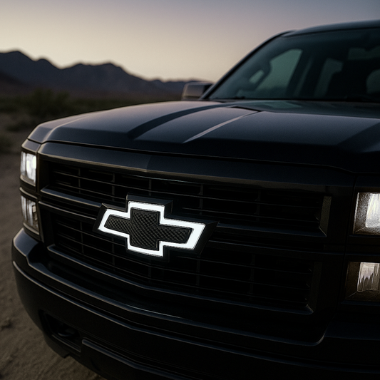 Chrome/black carbon Chevy bowtie emblem illuminated white at dusk on Silverado grille.