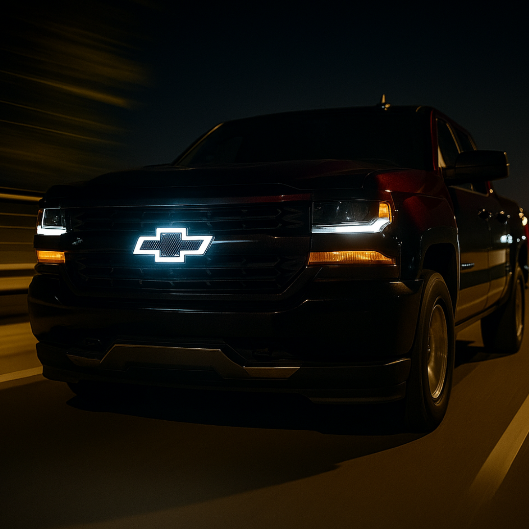 Rolling night shot of Silverado with chrome/black carbon LED bowtie emblem glowing white.