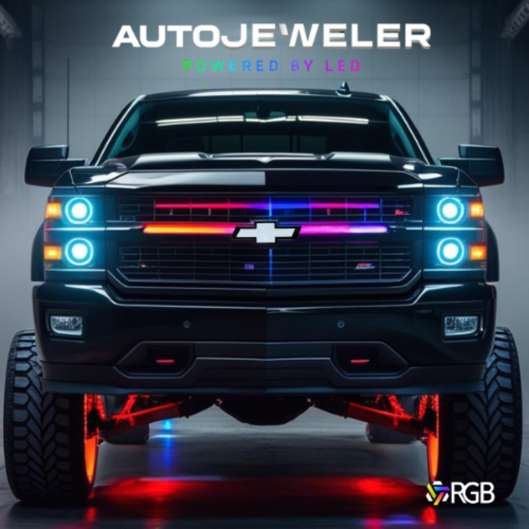 Black lifted Chevy Silverado truck with AutoJeweler RGB LED Bowtie Grille Emblem illuminated in multiple colors, showroom background.