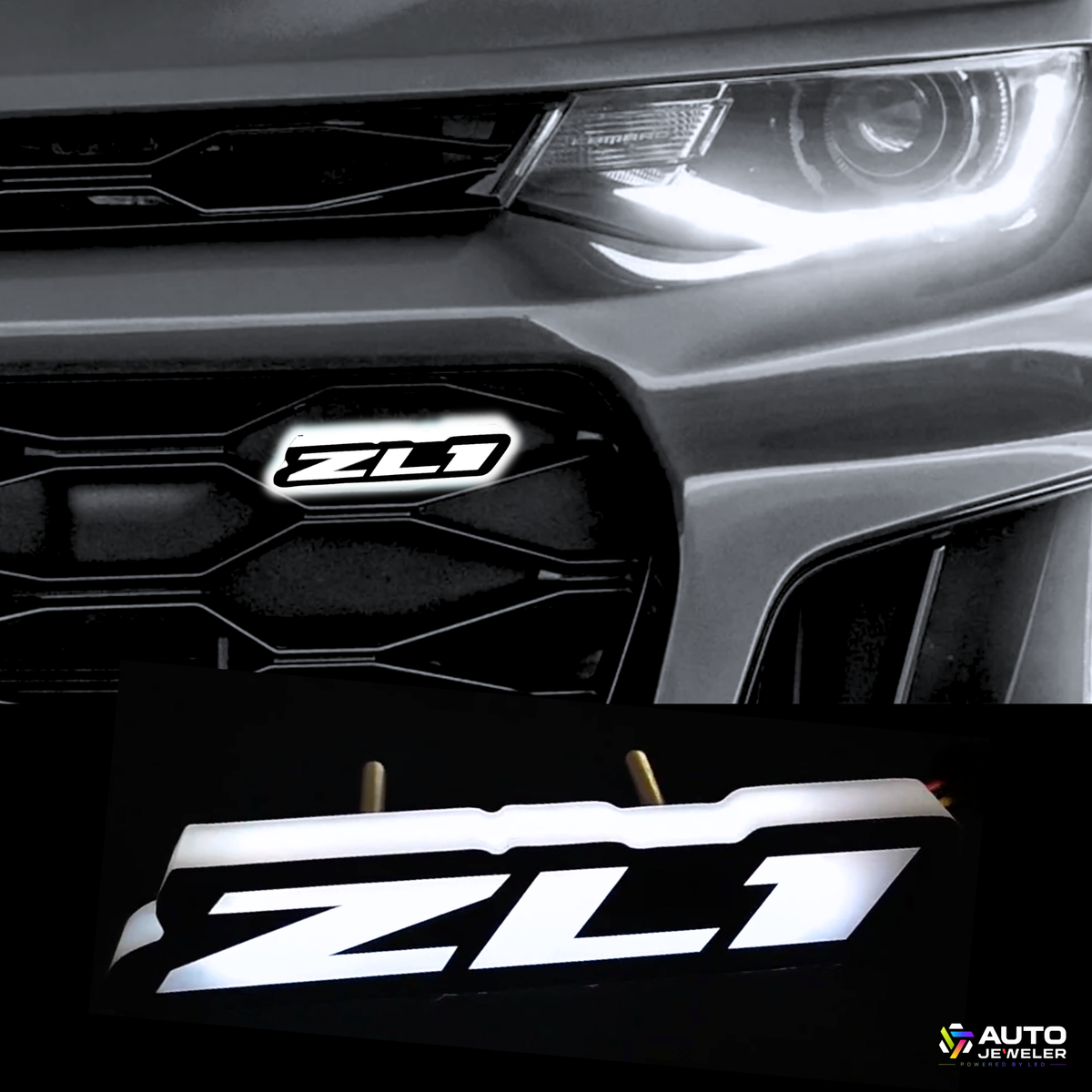 Close-up of a car grille with 'ZL1' logo and 'Auto Jeveler' branding.
