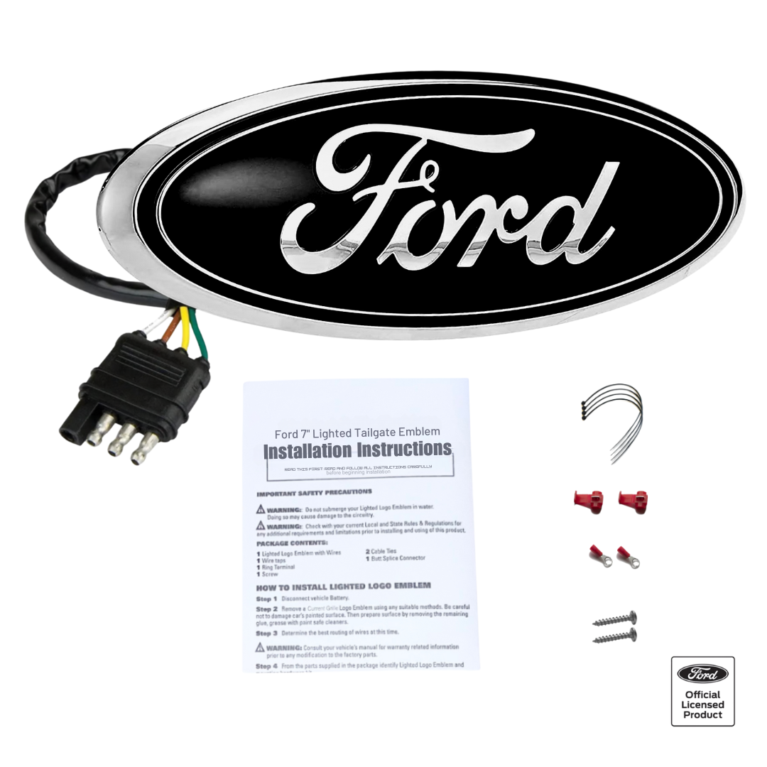 AutoJeweler Ford 7" LED Tailgate Emblem – Black/Chrome, Dual-Intensity Red