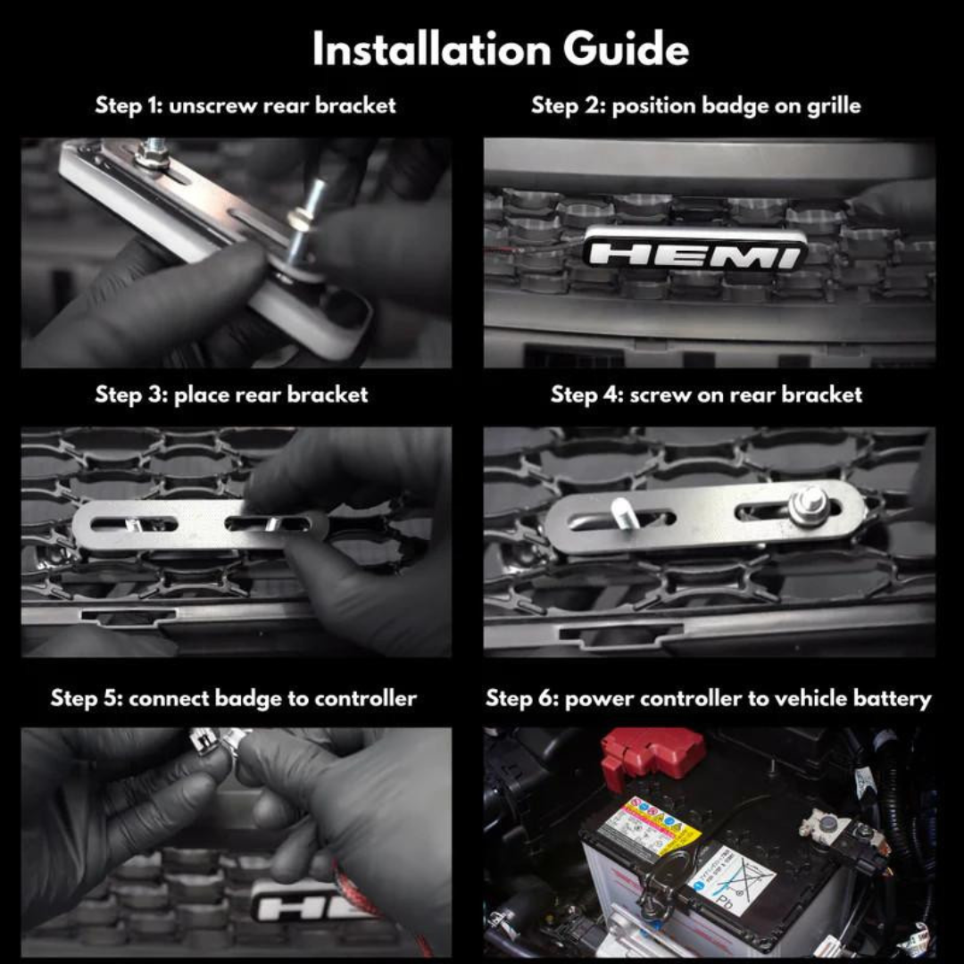 HEMI LED emblem installation guide showing step by step process including mounting bracket and wiring to vehicle battery