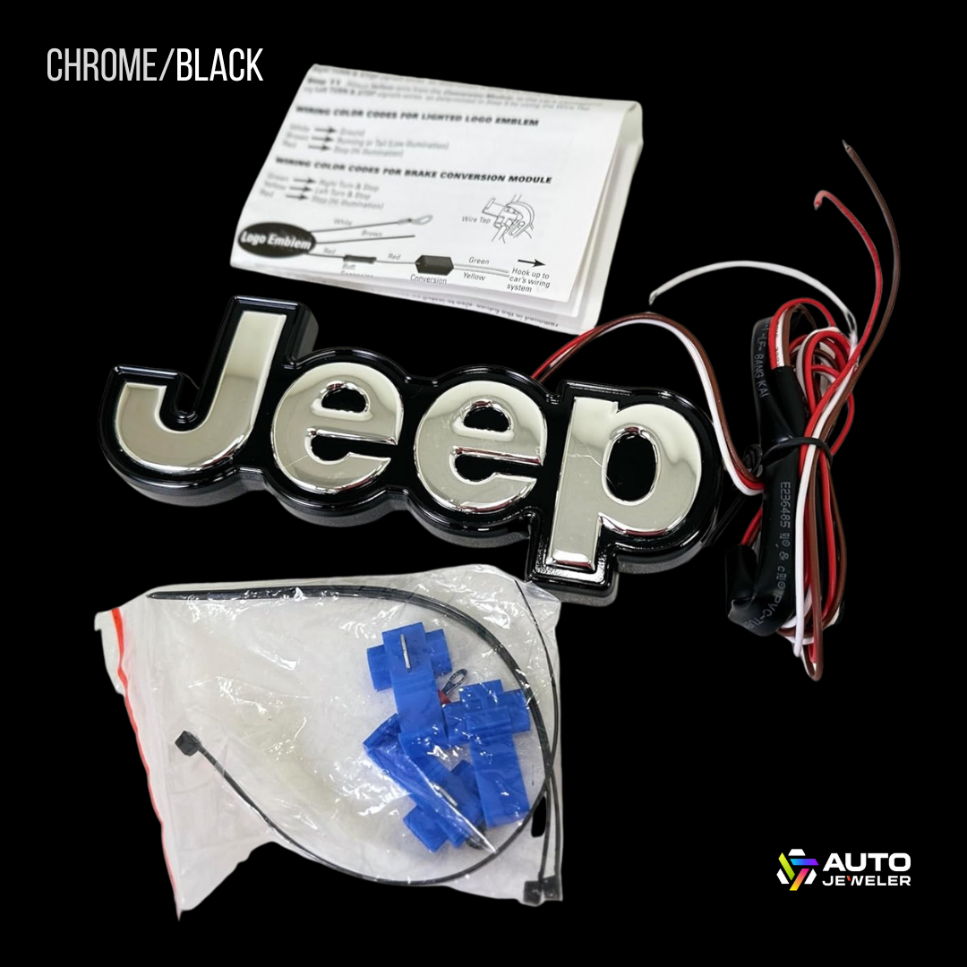 Chrome Jeep lighted tailgate emblem full kit with wiring, zip ties, connectors, and instructions