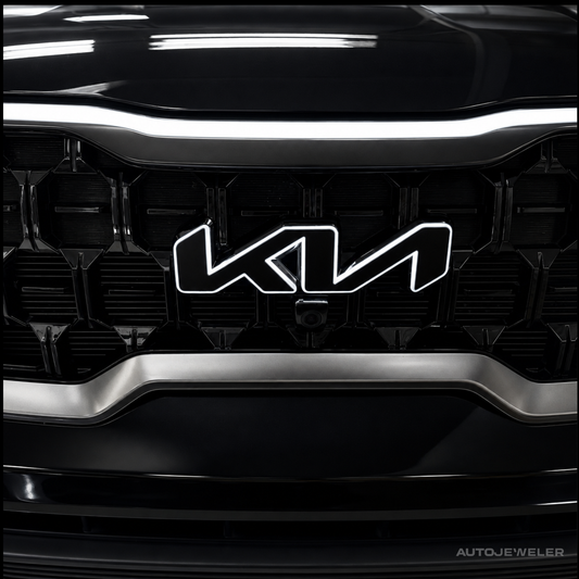 Close-up of a black car front grille with a prominent chrome-outlined Kia logo centered on the grille.