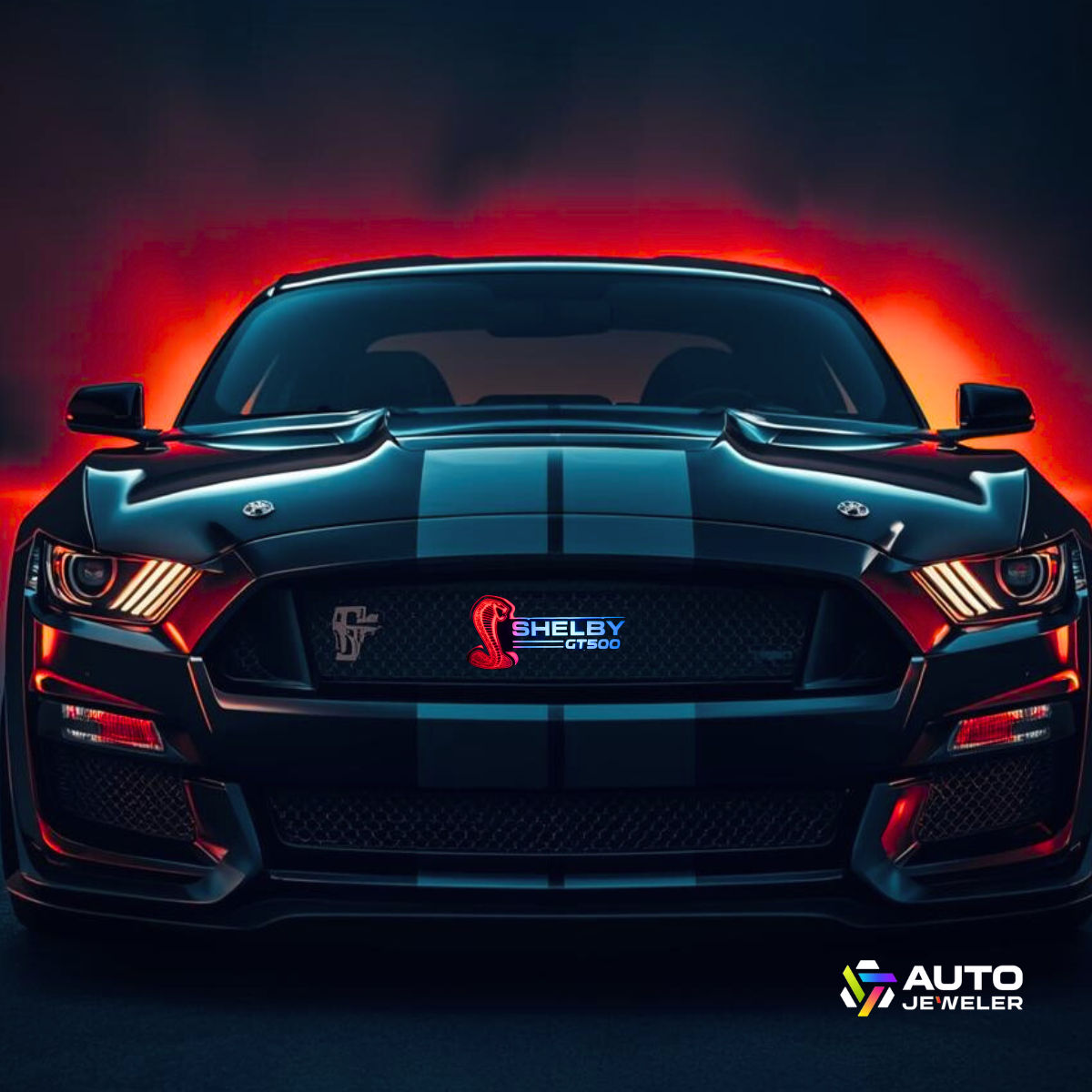 Mustang Shelby GT500 RGB Flow Series Emblem installed on Mustang glowing red and blue