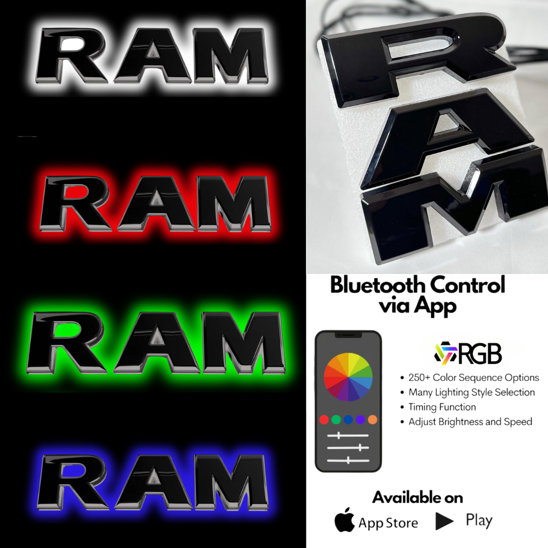 RAM 1500 black RGB LED grille emblem color options in white, red, green, and blue, shown with Bluetooth app control features and remote – AutoJeweler