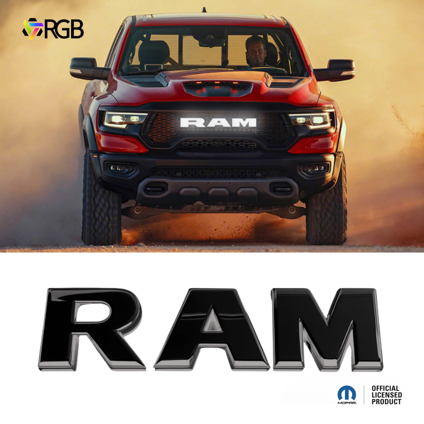 RAM TRX with RGB LED lighted grille emblem installed, white illuminated RAM letters on red truck, AutoJeweler branding