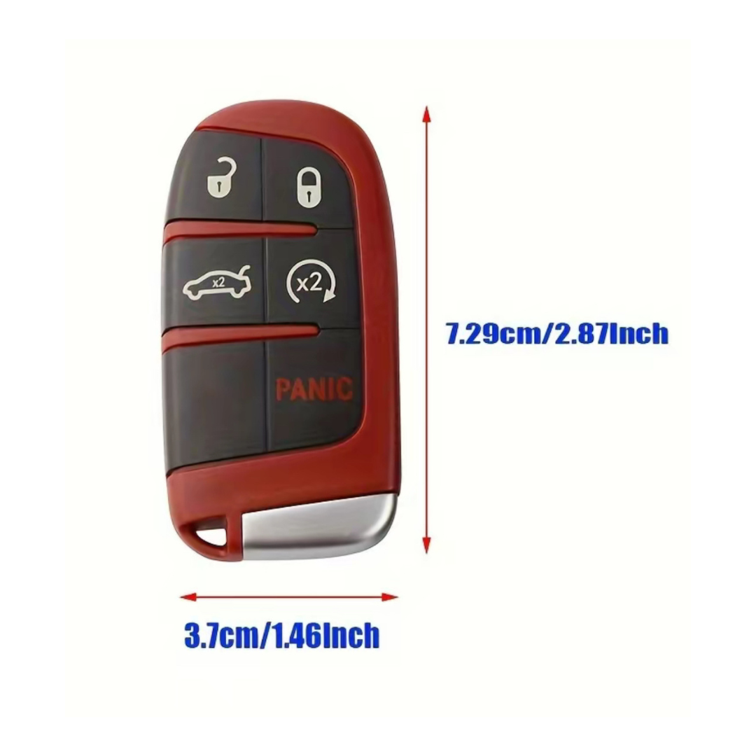 Custom Scat Pack red key Fob Shell cover, 5 button layout, and key shell dimensions on white background.