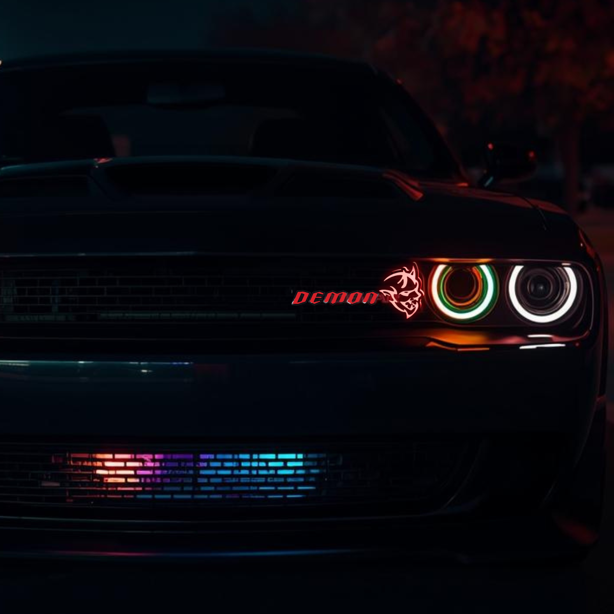 RGB Flow-Series LED Demon Head Emblem Badge installed on dodge challenger illuminating red