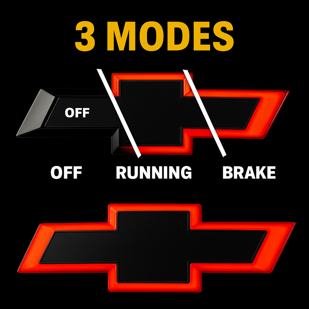 Three modes graphic showing OFF, running light, and brake illumination for the Silverado LED bowtie.
