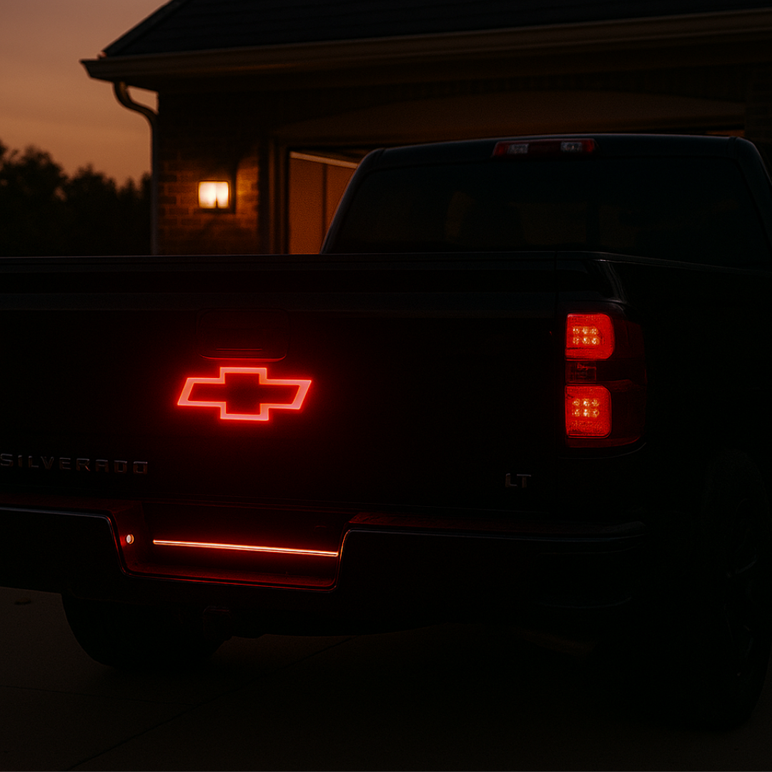 Chevy Silverado tailgate at dusk with red LED bowtie emblem illuminated above the bumper light bar.