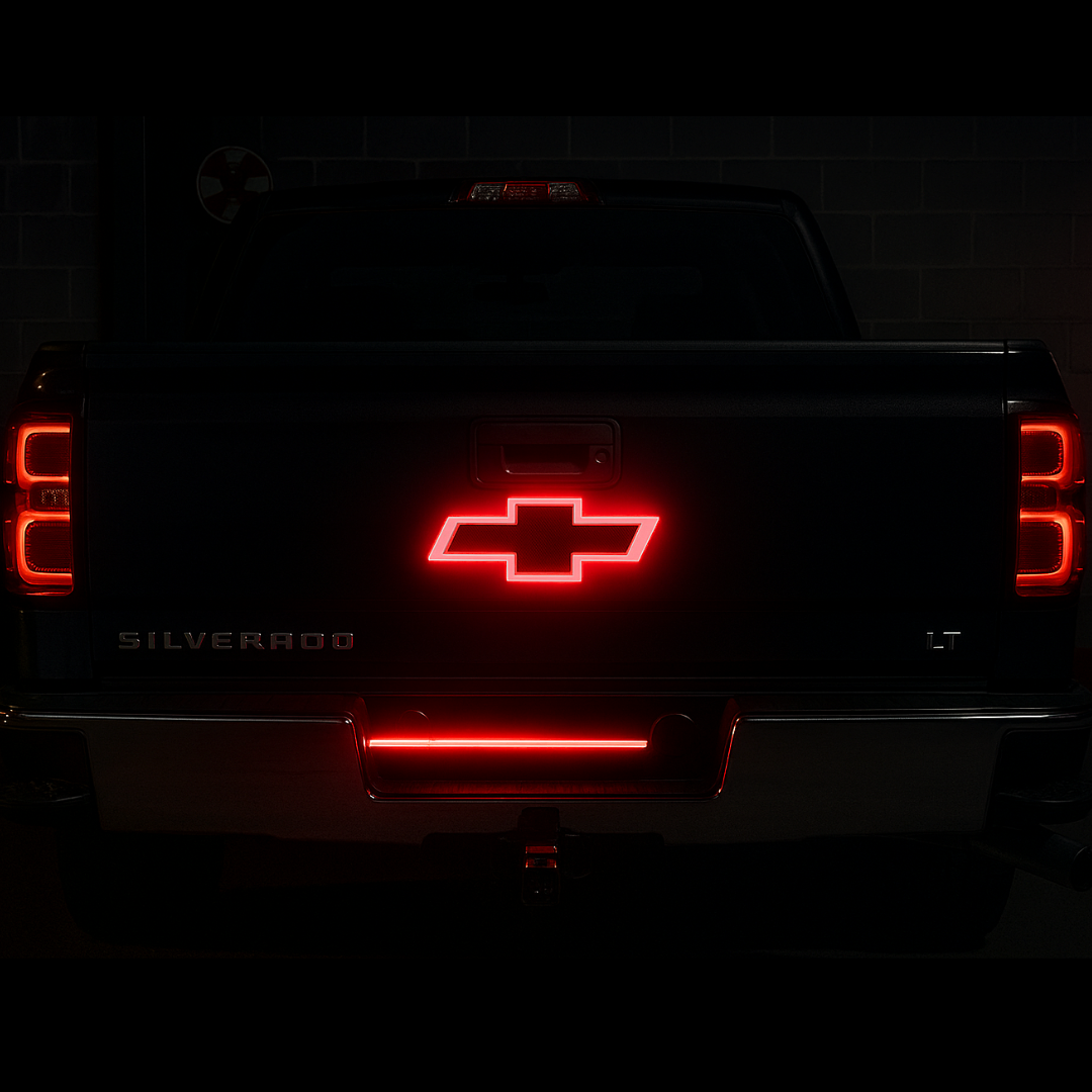 2014–2018 Chevy Silverado tailgate with red LED bowtie emblem glowing at night in a garage setting.