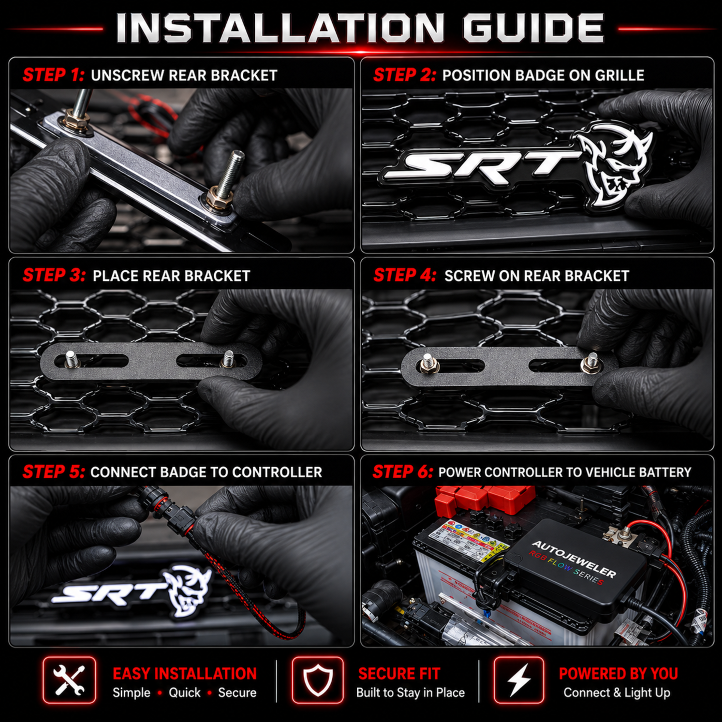 Step-by-step installation guide for AutoJeweler SRT Demon LED grille emblem including mounting hardware and controller connection instructions.