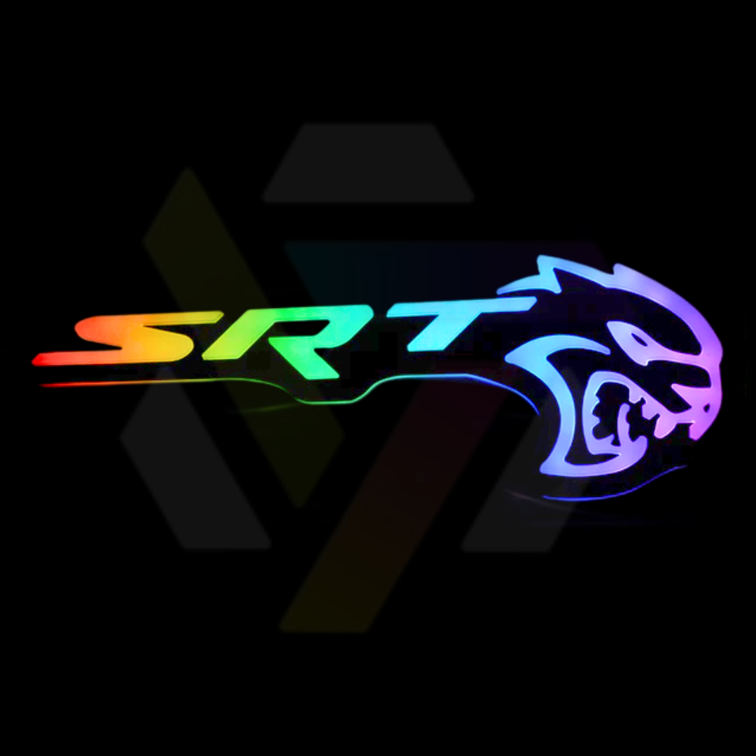 Dodge SRT Hellcat RGB Flow-Series LED Emblem glowing in multicolor