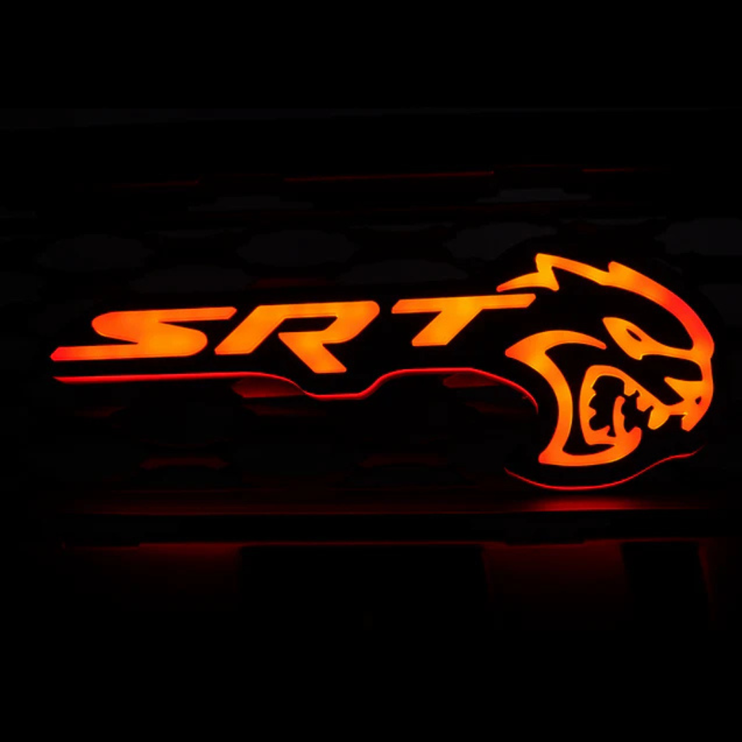 Dodge Hellcat LED grille emblem glowing orange red