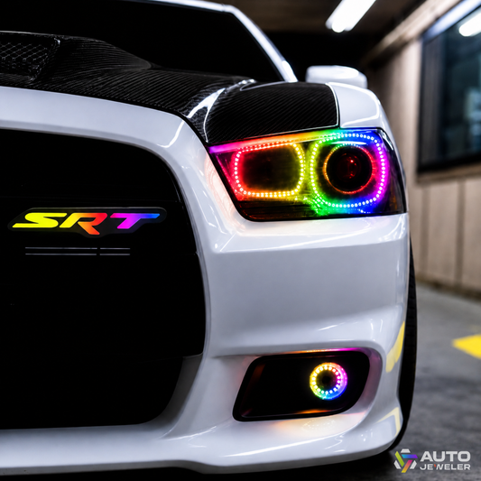 SRT RGB Flow Series LED grille emblem installed on white Dodge Charger with rainbow lighting and matching halo lights