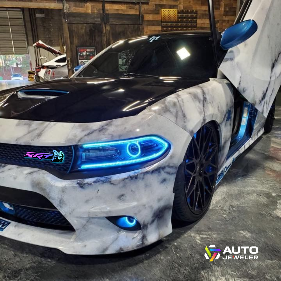 Dodge Charger with SRT Scat Bee Flow-Series RGB emblem glowing blue